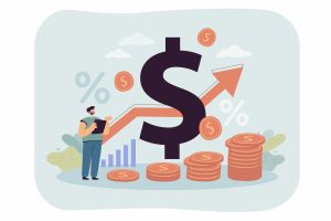 vector illustration of person with clipboard, stacks of coins, large money sign , and arrow going up and to the left