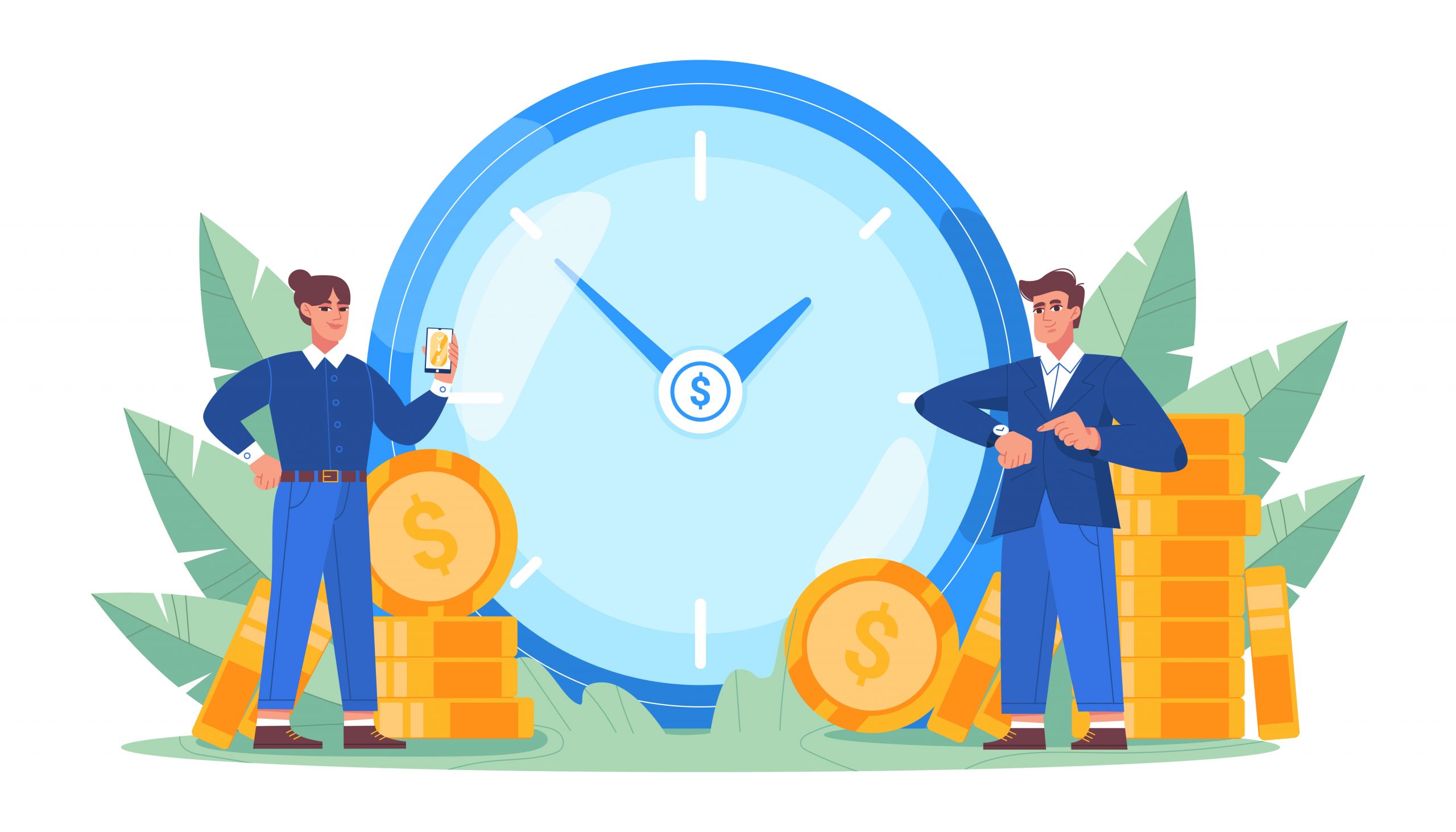 large clock stacks of money and two business people vector illustration